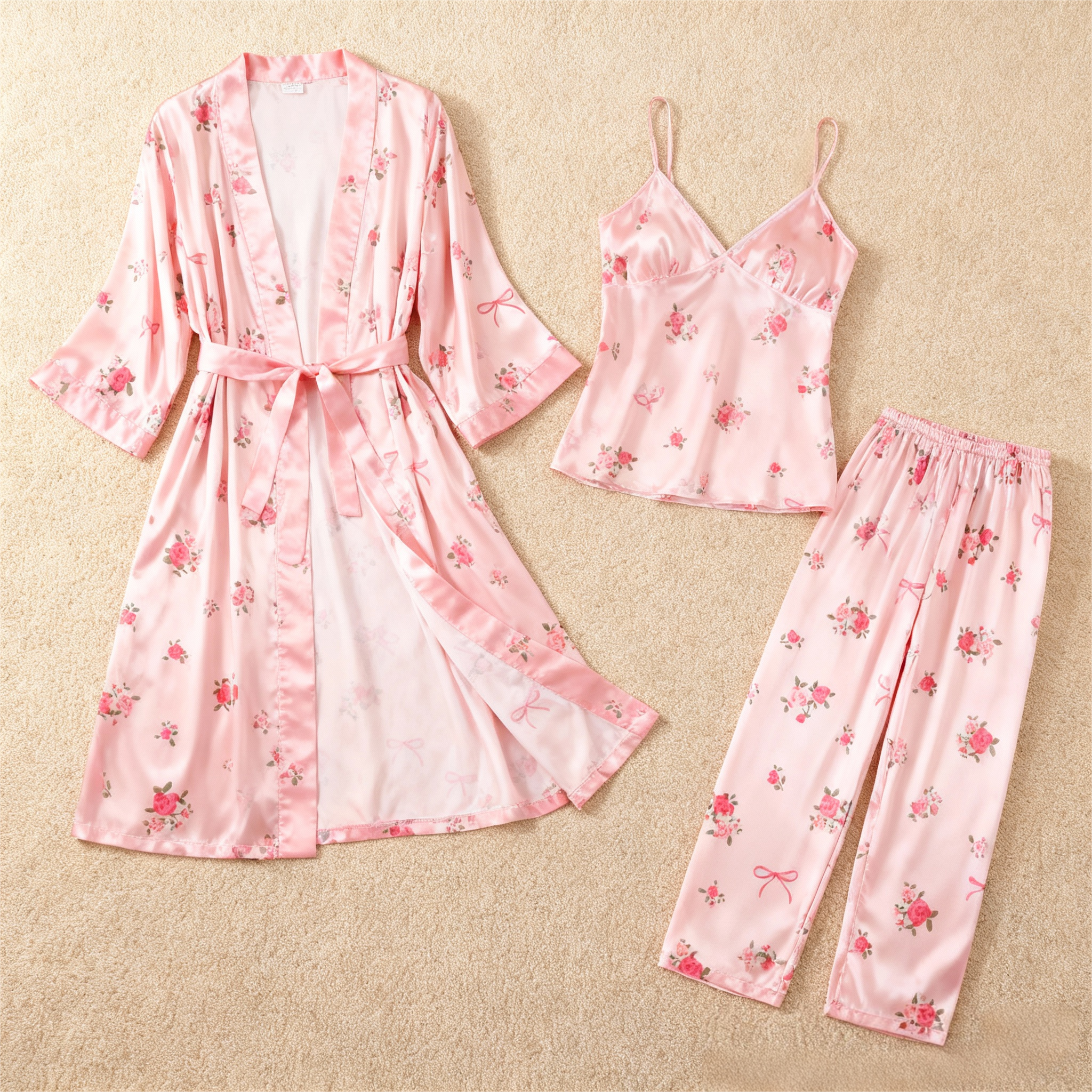Women's Pink Silky Satin Homewear Set with Romantic Floral Motifs