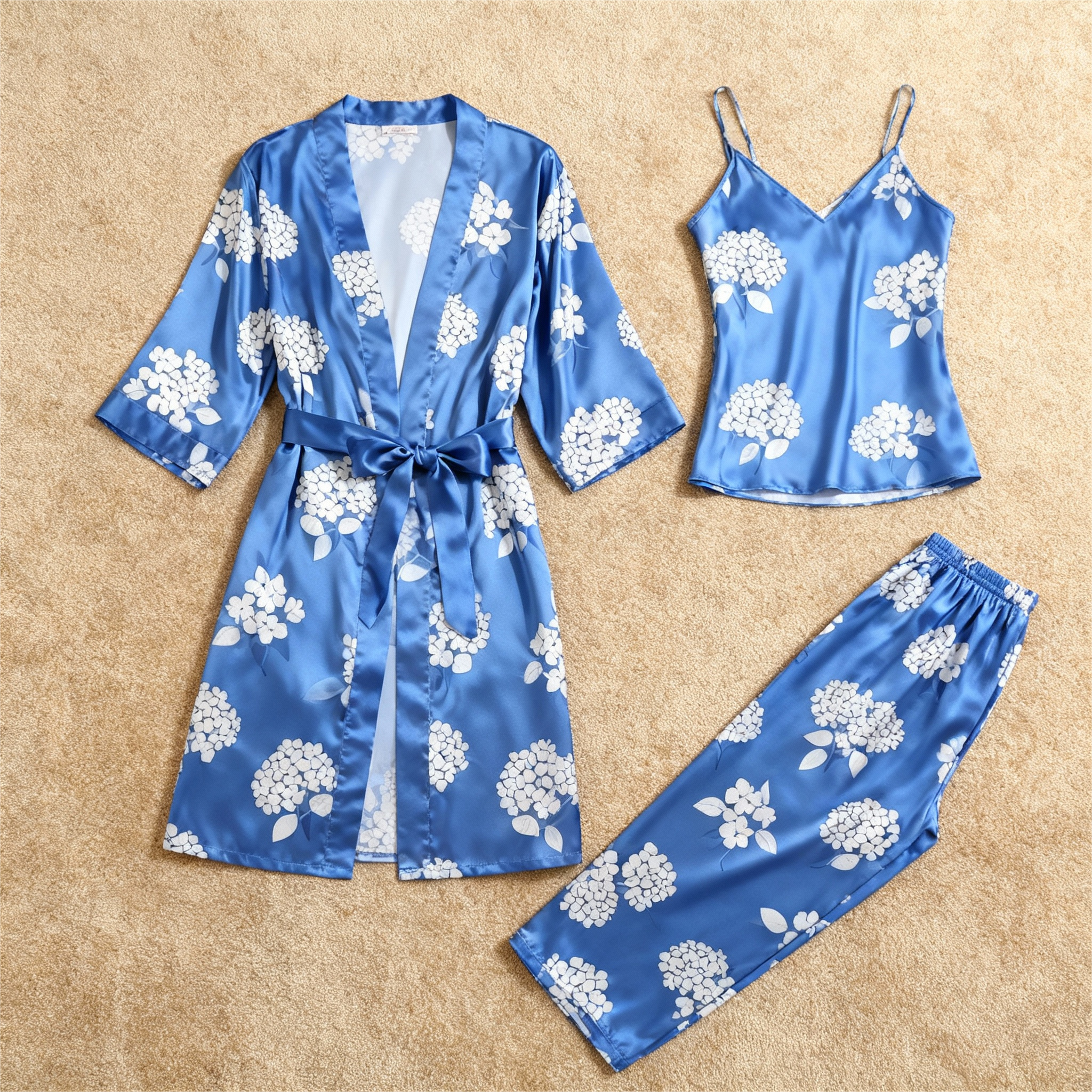 Women's Blue Silky Satin Homewear Set with White Floral Motifs