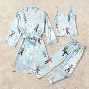 Women's Light Blue Silky Satin Homewear Set with Skiing Characters Illustration