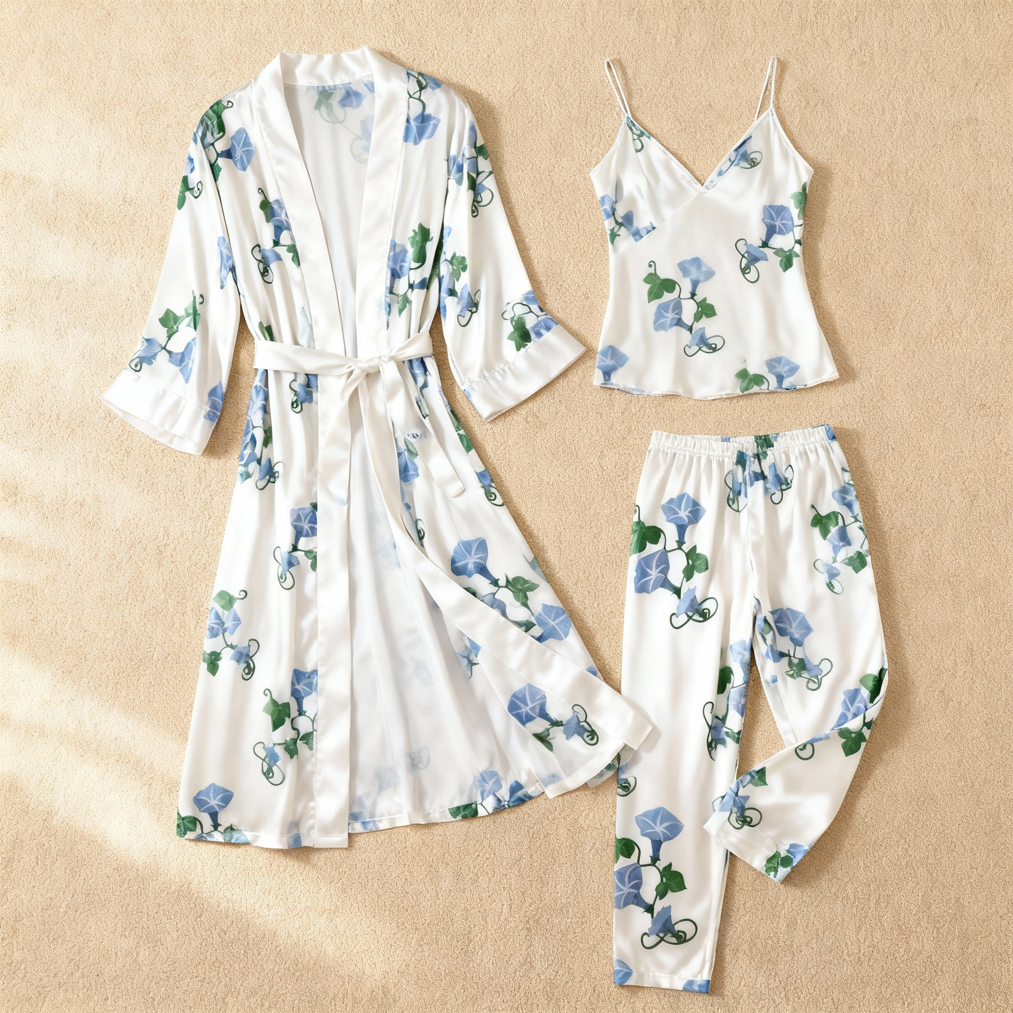 Women's Silky Satin Homewear Set with Blue Morning Glory Blooms