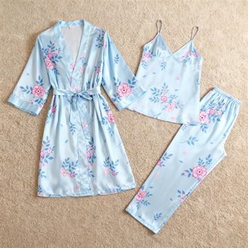 Women's Blue Silky Satin Homewear Set with Floral Illustration