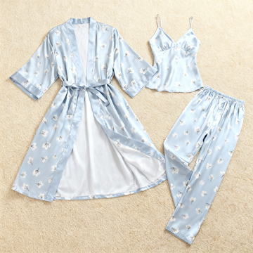Women's Silky Satin Homewear Set with Cotton Floral Illustration