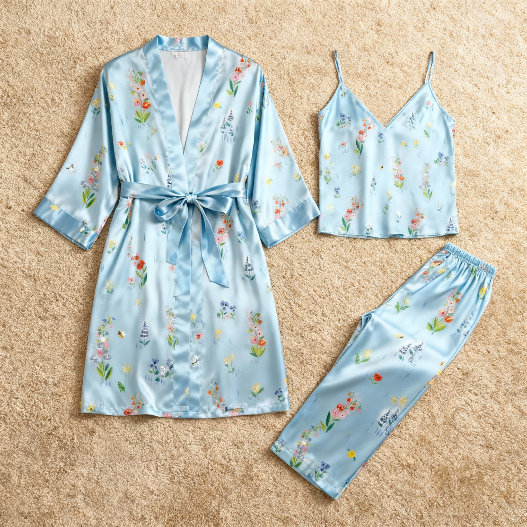 Women's Silky Satin Homewear Set with Natural Floral Illustration