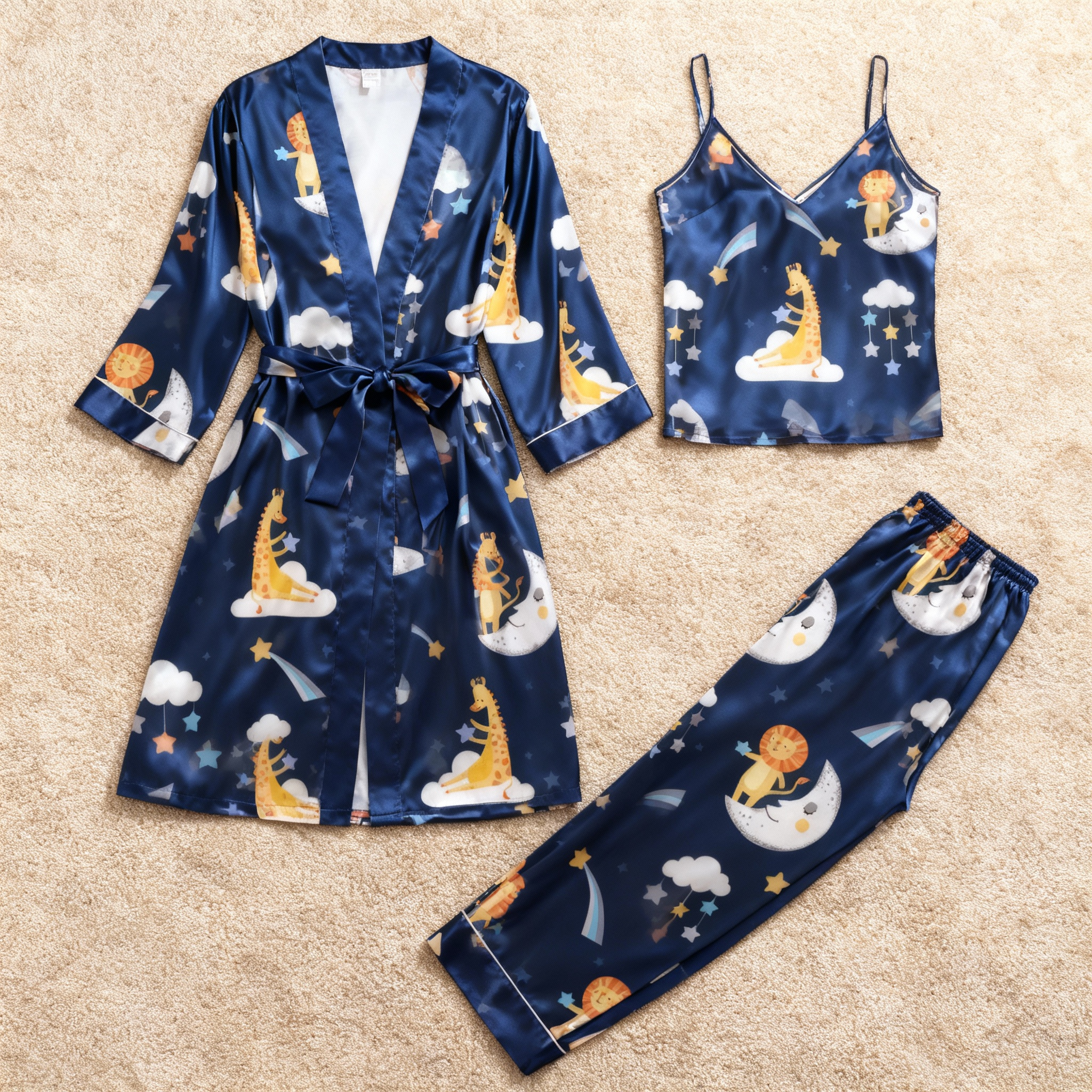 Women's Navy Silky Satin Homewear Set with Cute Animal Motifs