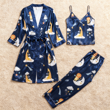 Women's Navy Silky Satin Homewear Set with Cute Animal Motifs