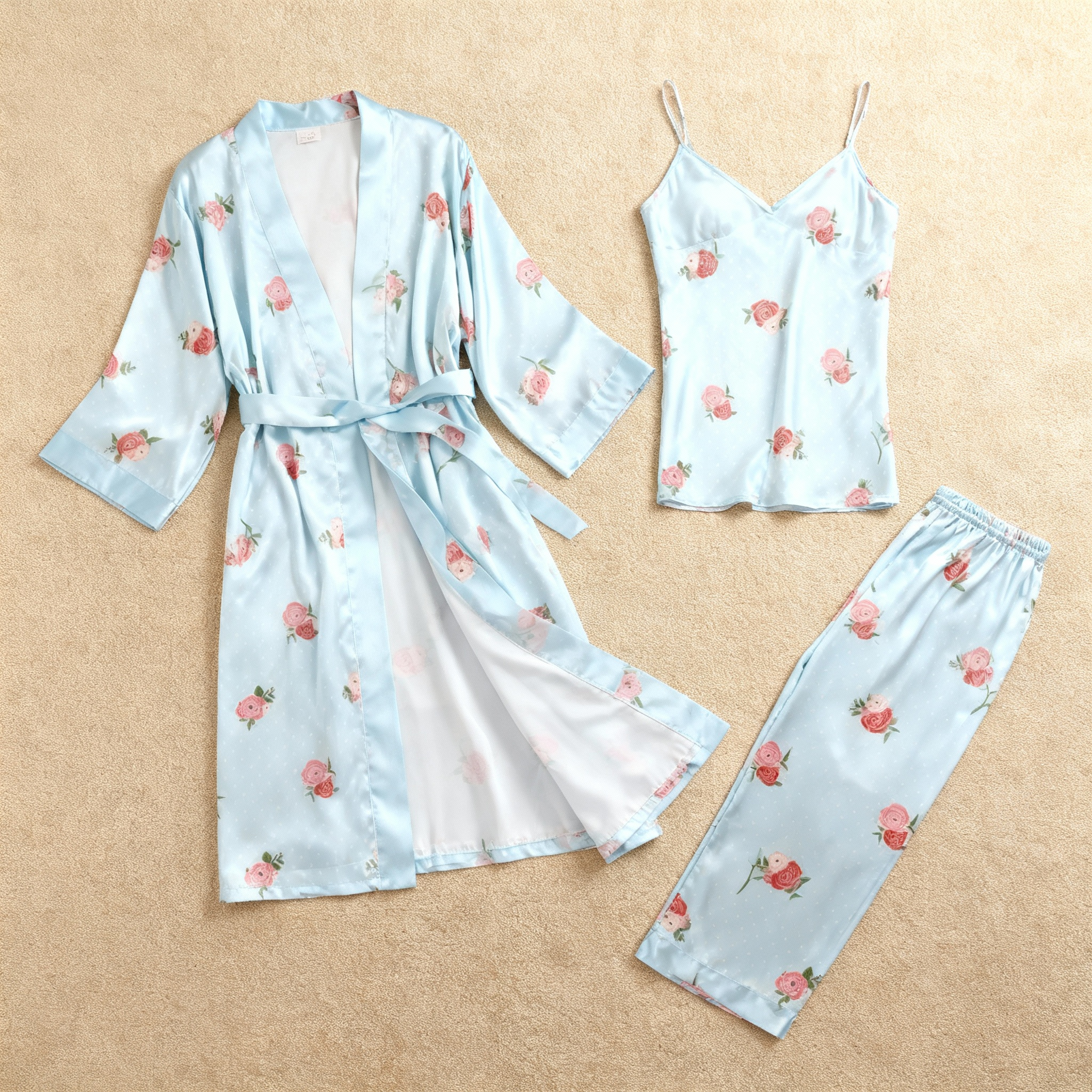 Women's Light Blue Silky Satin Homewear Set with Rose Illustration