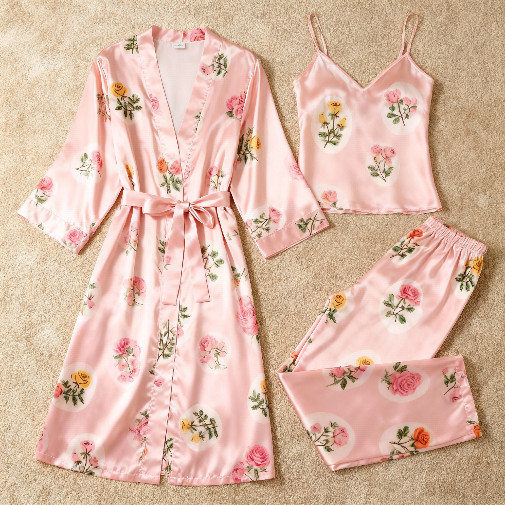 Women's Pink Silky Satin Homewear Set with Rose Illustration