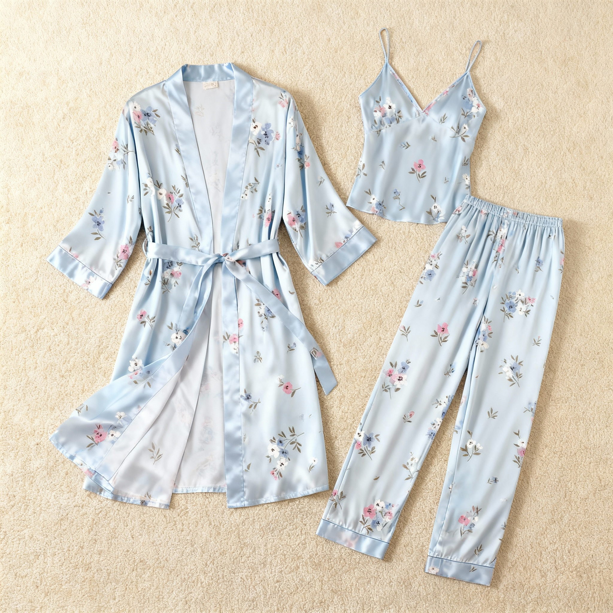 Women's Pale Blue Silky Satin Homewear Set with Floral Illustration