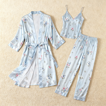 Women's Pale Blue Silky Satin Homewear Set with Floral Illustration