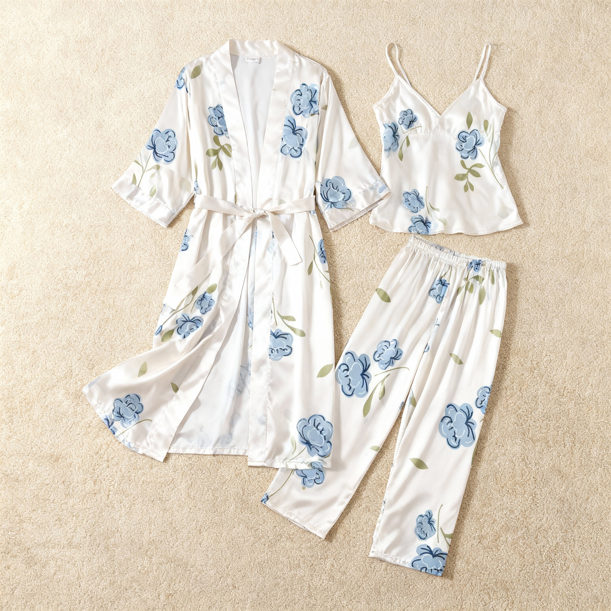 Women's Silky Satin Homewear Set with Elegant Blue Floral Illustration