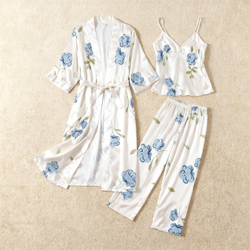 Women's Silky Satin Homewear Set with Elegant Blue Floral Illustration