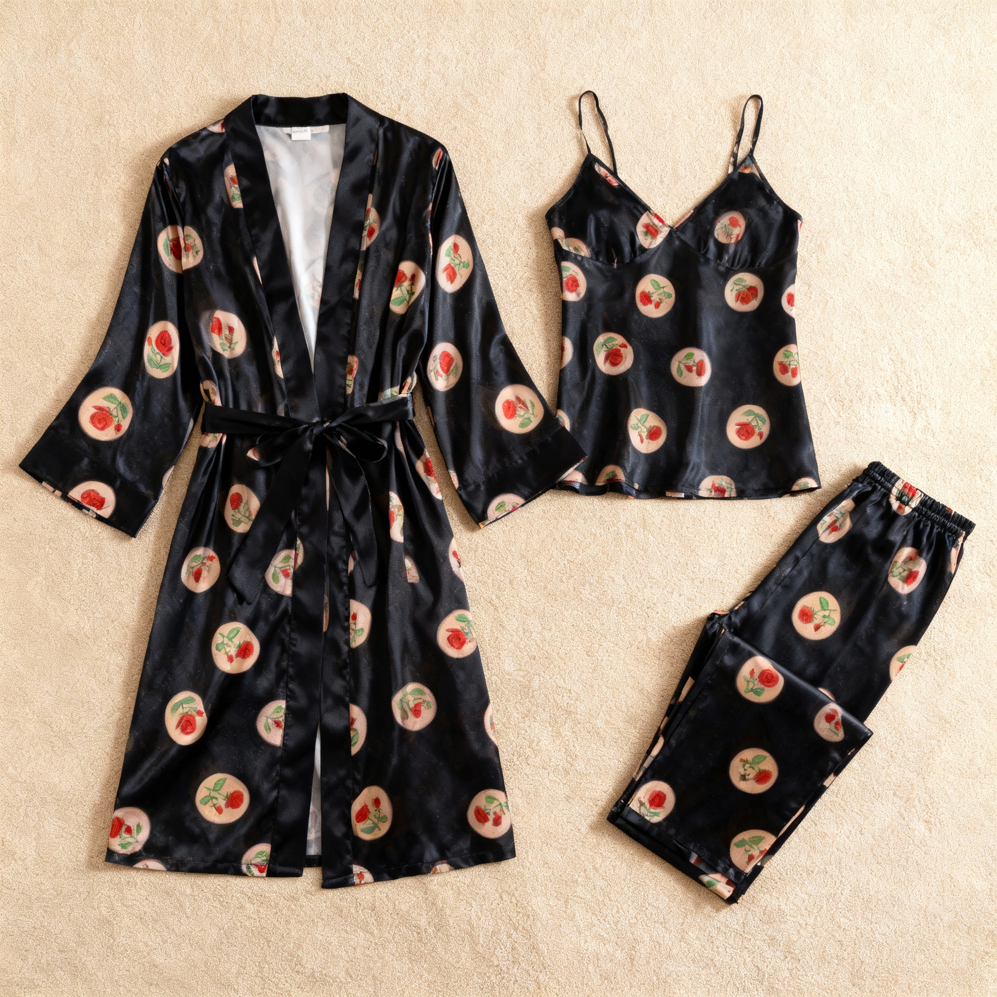 Women's Black Silky Satin Homewear Set with Romantic Rose Illustration