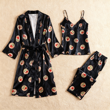 Women's Black Silky Satin Homewear Set with Romantic Rose Illustration