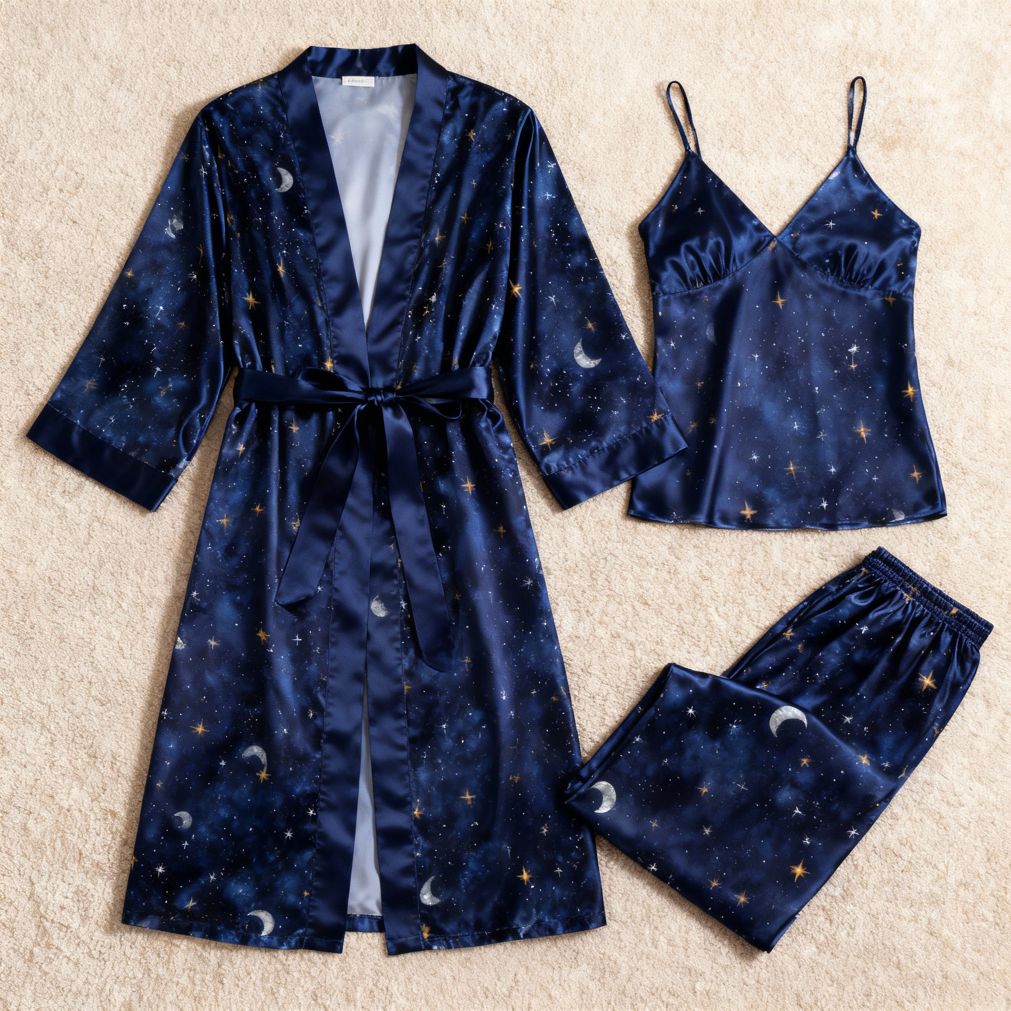 Women's Navy Silky Satin Homewear Set with Moon & Star Motifs