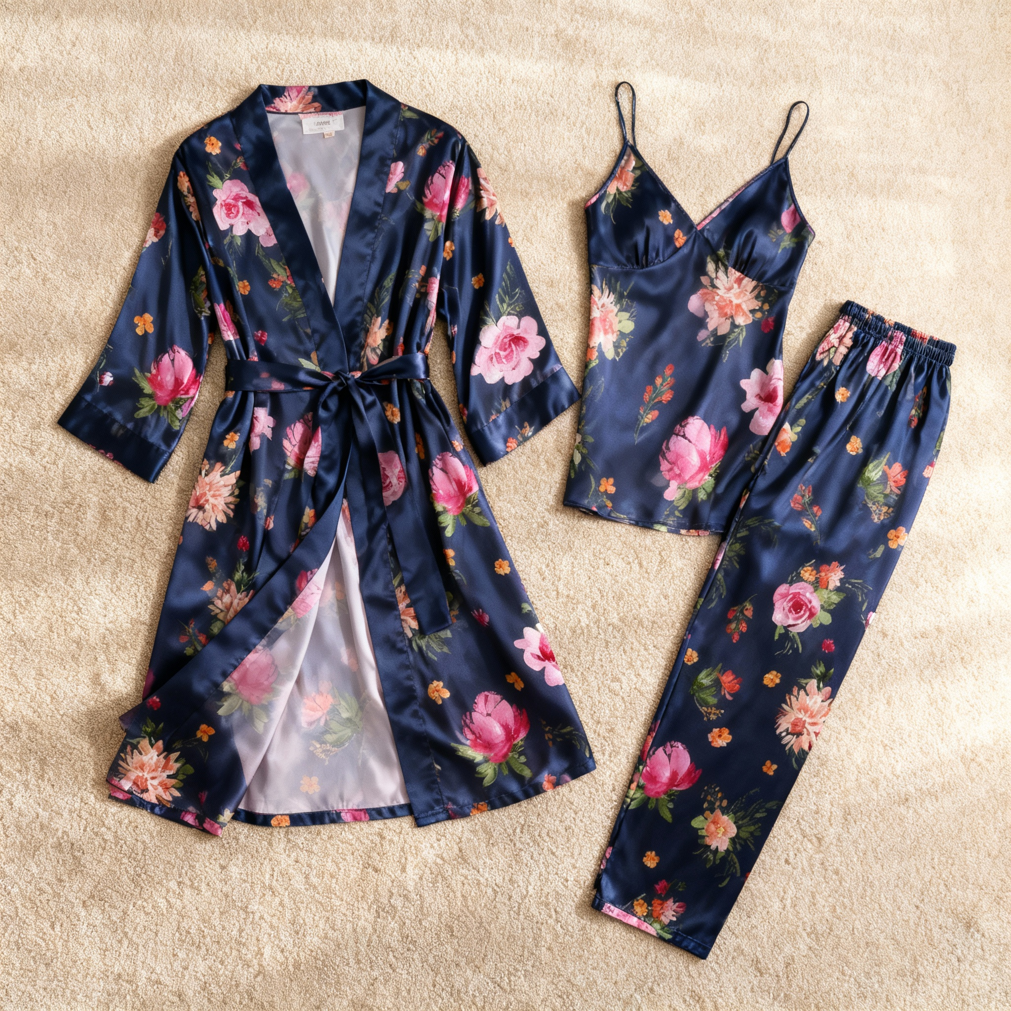 Women's Silky Satin Homewear Set with Vintage Luxe Floral Motifs