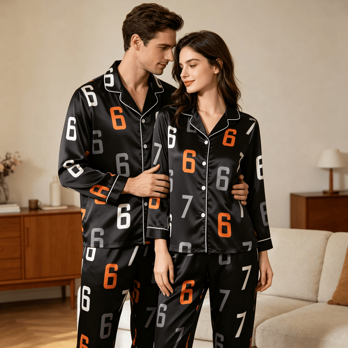 67 Number Print Satin Matching Pajamas for Couples – Long Sleeve Button-Down Top & Pants Sleepwear Set