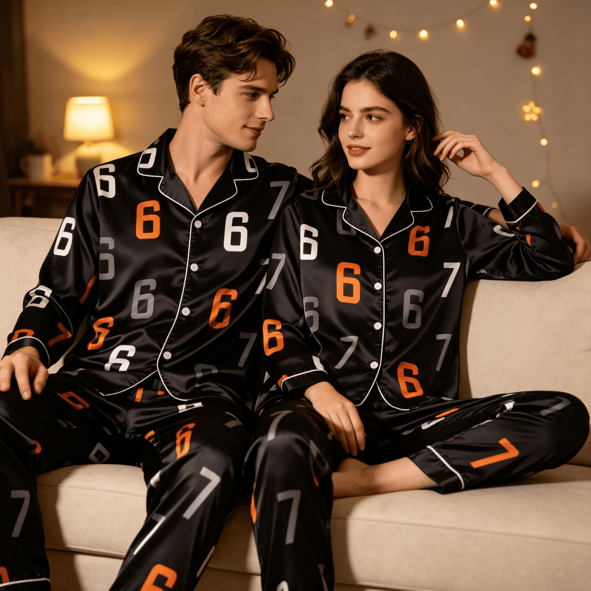 67 Number Print Satin Matching Pajamas for Couples – Long Sleeve Button-Down Top & Pants Sleepwear Set