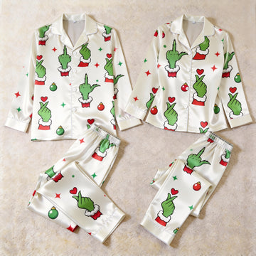 Holiday Gesture and Love Heart Print Satin Matching Pajamas for Couples – Long Sleeve Button-Down Top & Pants Sleepwear Set