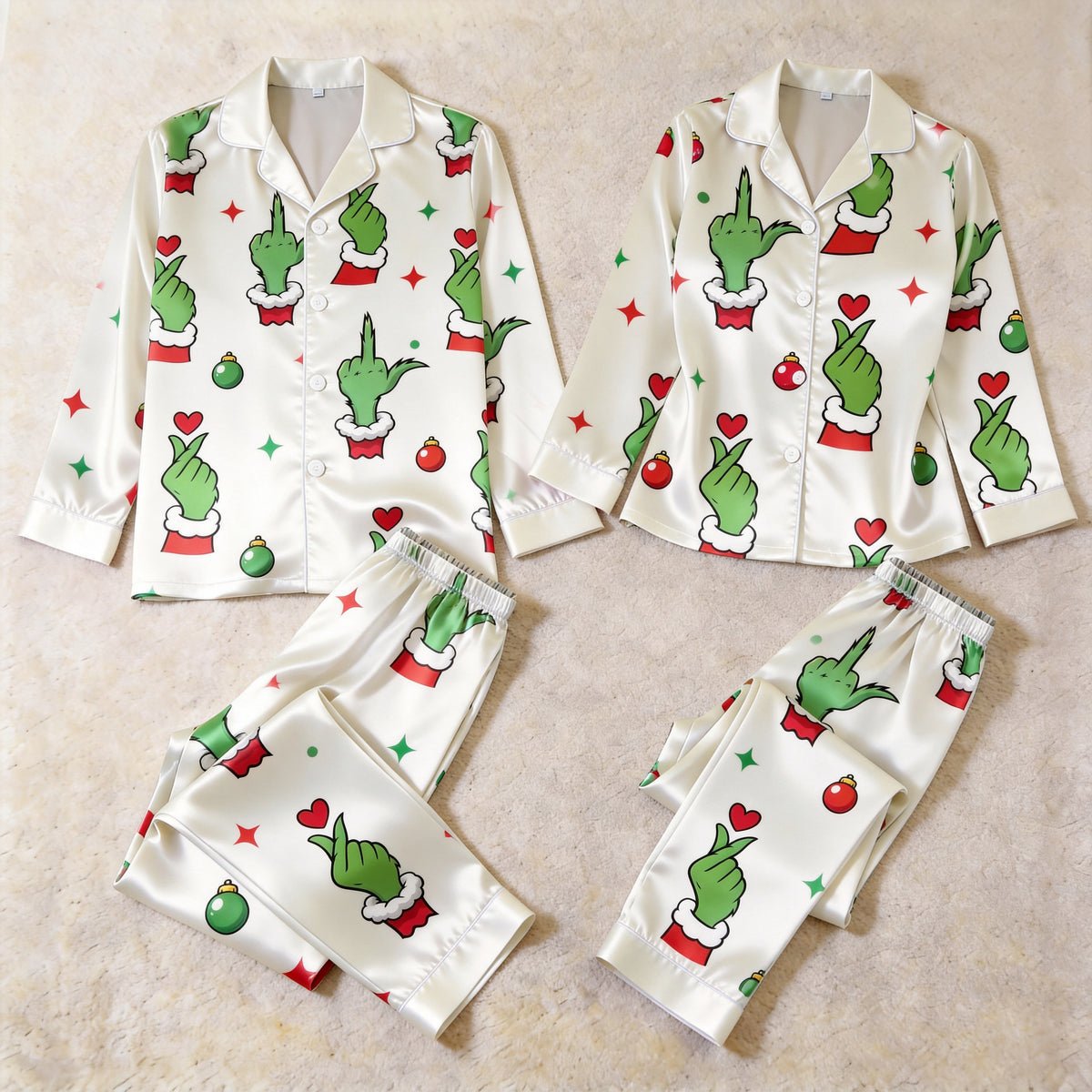 Holiday Gesture and Love Heart Print Satin Matching Pajamas for Couples – Long Sleeve Button-Down Top & Pants Sleepwear Set