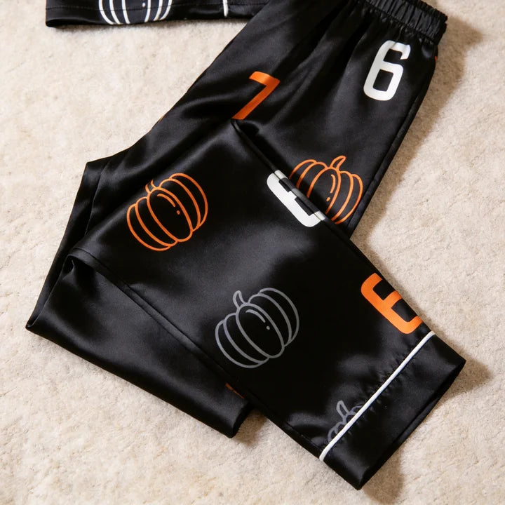 Pumpkin and 67 Number Print Satin Matching Pajamas for Couples – Long Sleeve Button-Down Top & Pants Sleepwear Set
