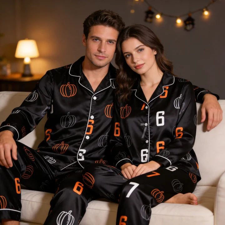 Pumpkin and 67 Number Print Satin Matching Pajamas for Couples – Long Sleeve Button-Down Top & Pants Sleepwear Set