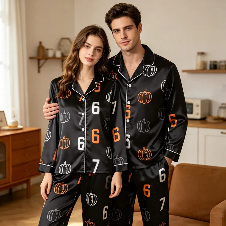 Pumpkin and 67 Number Print Satin Matching Pajamas for Couples – Long Sleeve Button-Down Top & Pants Sleepwear Set