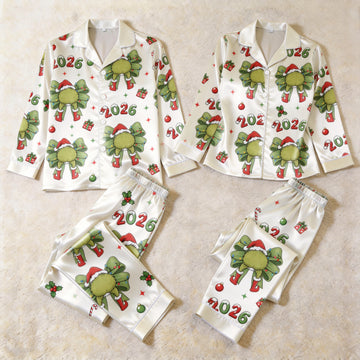 Holiday 2026 Theme Print Satin Matching Pajamas for Couples – Long Sleeve Button-Down Top & Pants Sleepwear Set