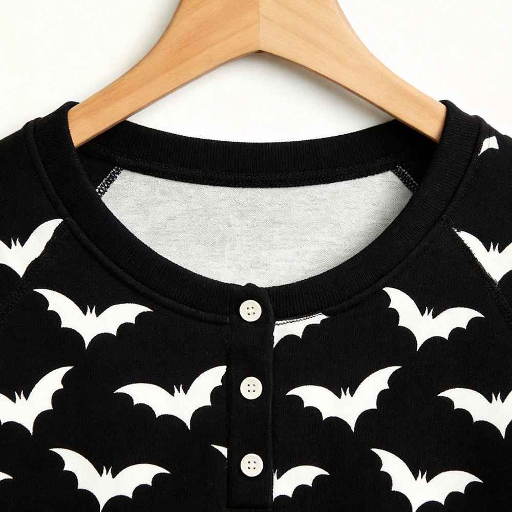 Spooky Halloween White Bat Print Matching Family Pajama Set, Long Sleeve Henley Cotton Loungewear