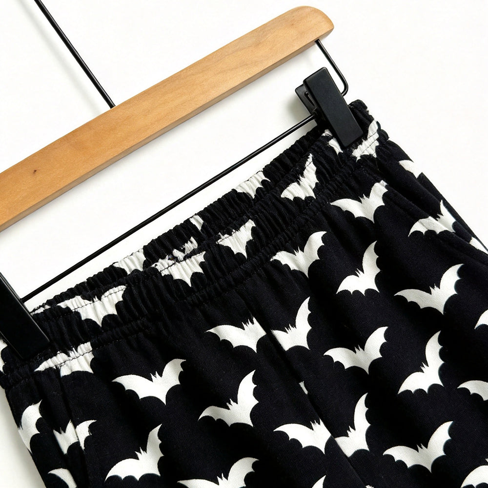 Spooky Halloween White Bat Print Matching Family Pajama Set, Long Sleeve Henley Cotton Loungewear