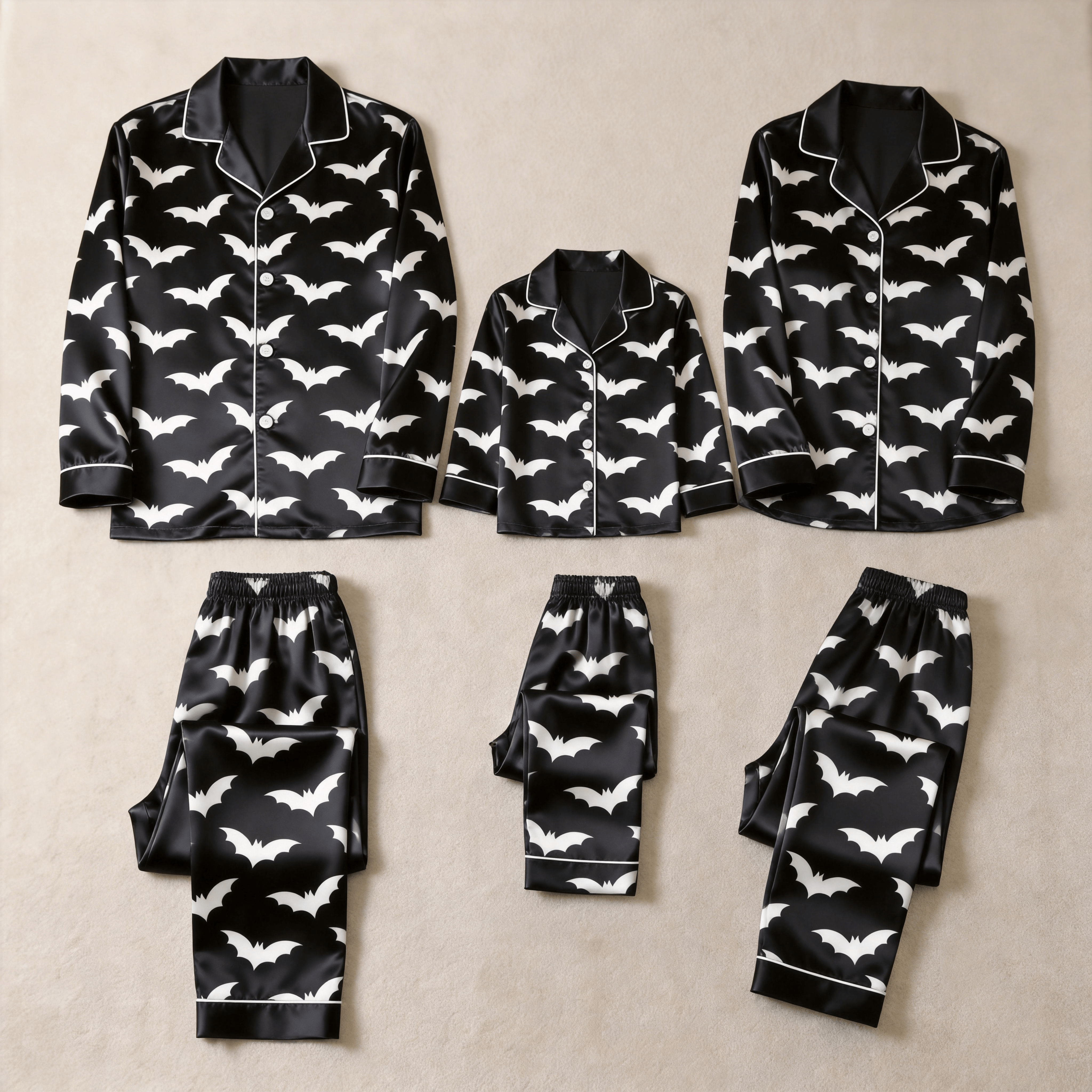 Cream Bat Print Satin Button-Up Family Halloween Pajamas Set