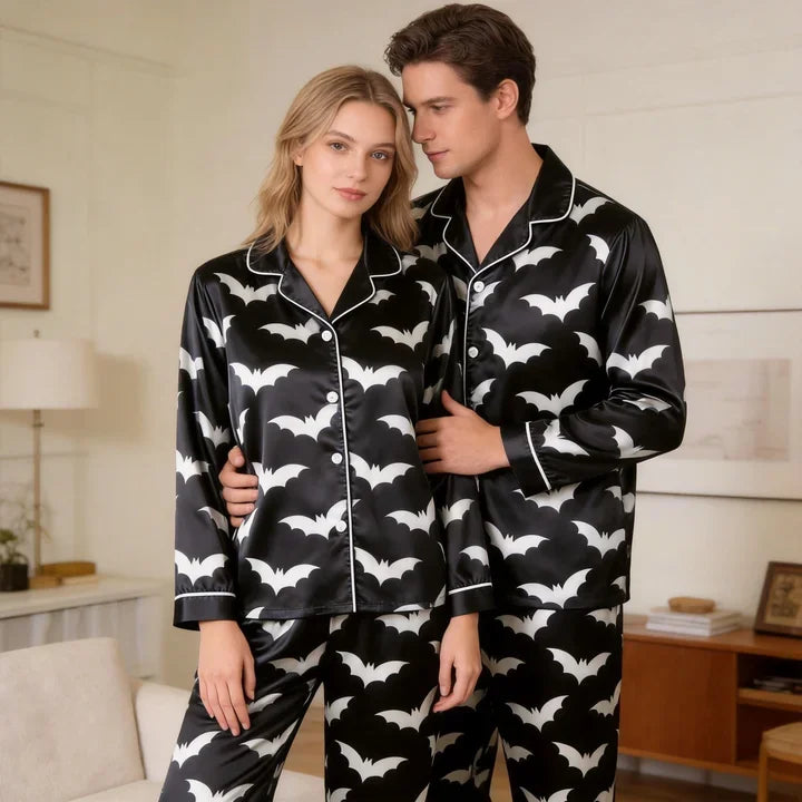 B&W Bat Print Satin Matching Pajamas for Couples – Long Sleeve Button-Down Top & Pants Sleepwear Set