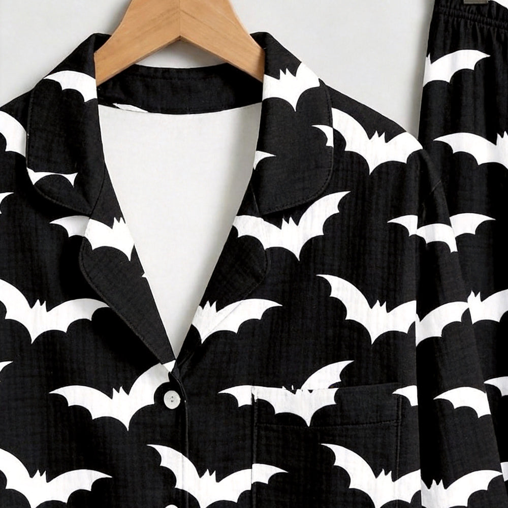 Classic Halloween Bat Print Matching Family Pajama Set, Button-Down Cotton Loungewear