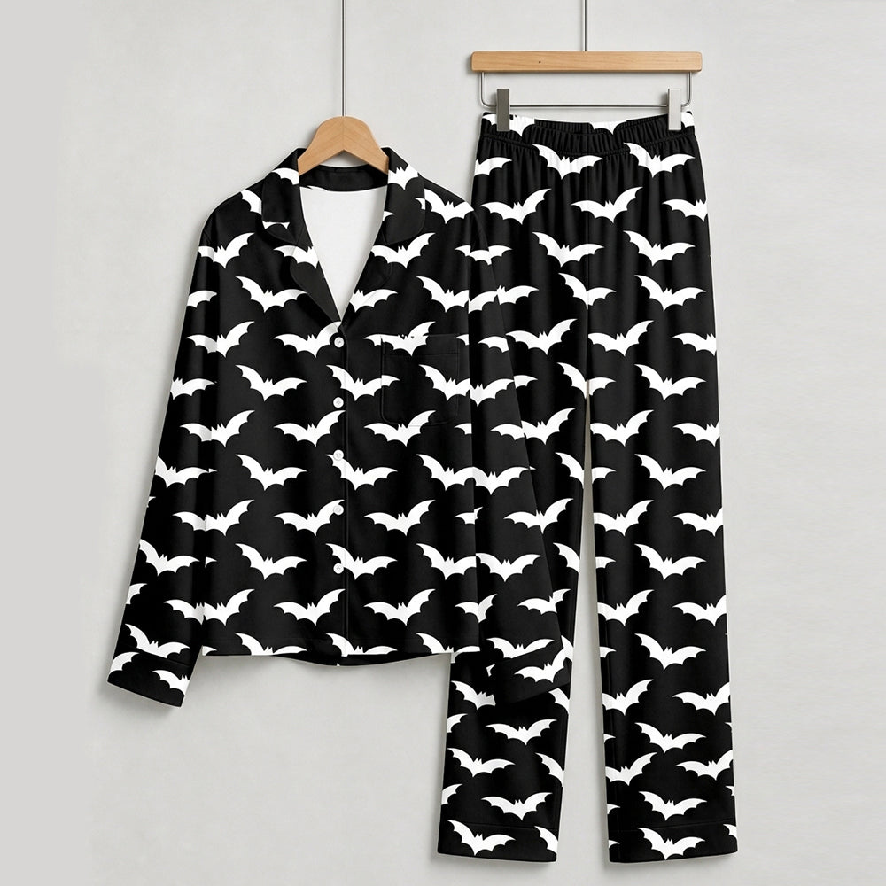 Classic Halloween Bat Print Matching Family Pajama Set, Button-Down Cotton Loungewear