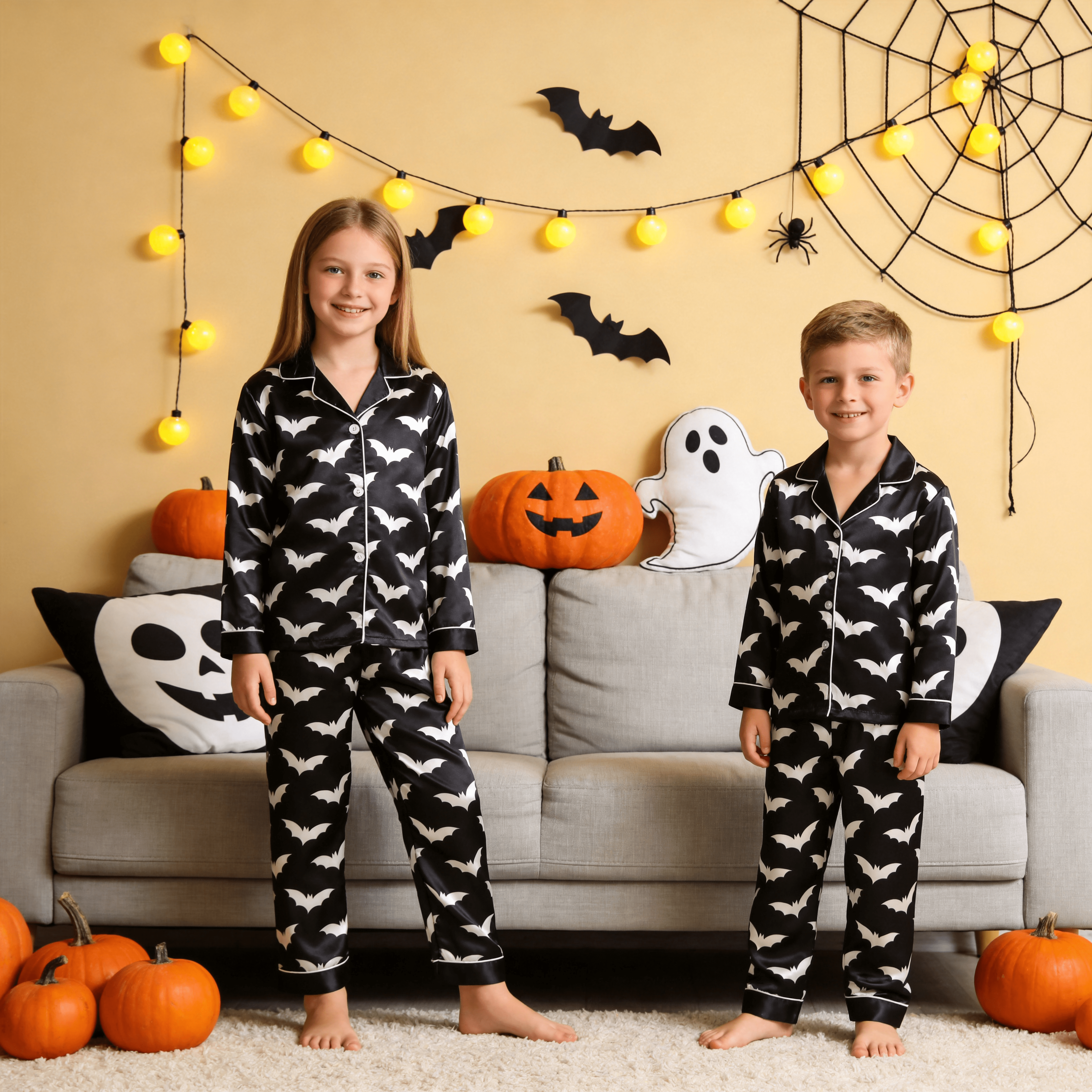 Cream Bat Print Satin Button-Up Family Halloween Pajamas Set
