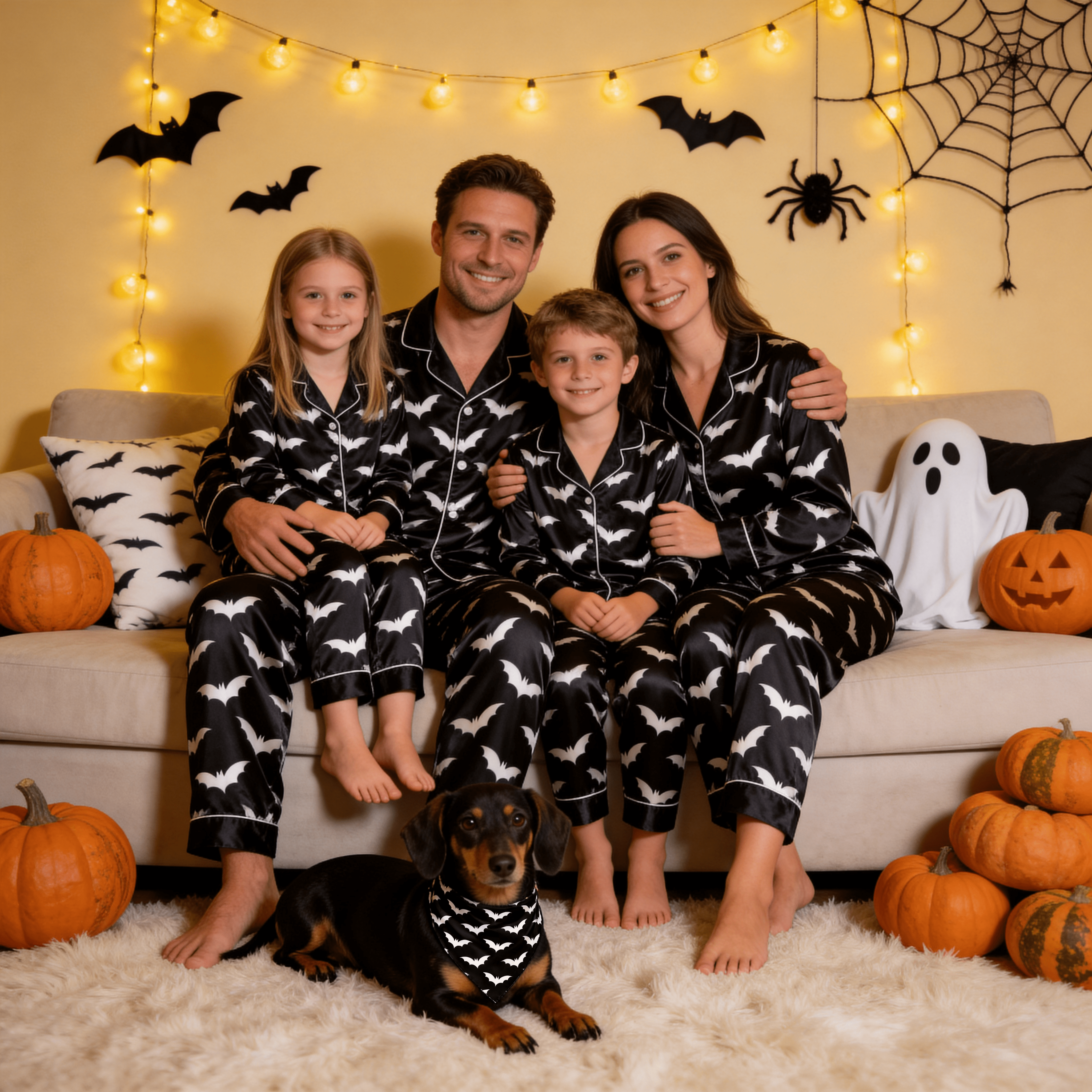 Cream Bat Print Satin Button-Up Family Halloween Pajamas Set
