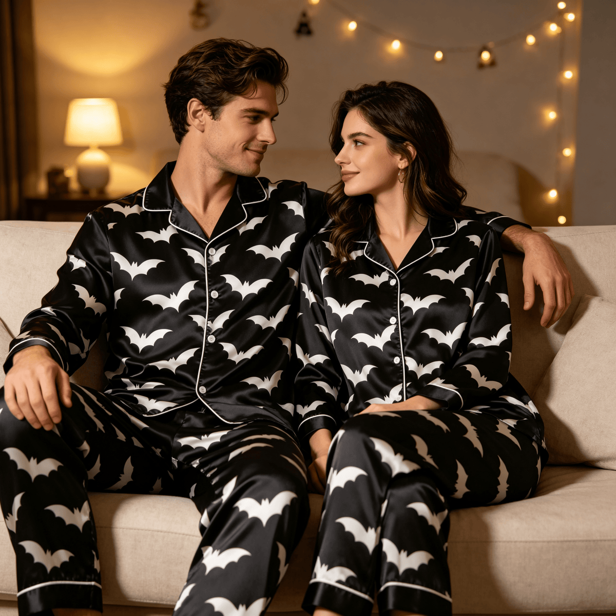 B&W Bat Print Satin Matching Pajamas for Couples – Long Sleeve Button-Down Top & Pants Sleepwear Set
