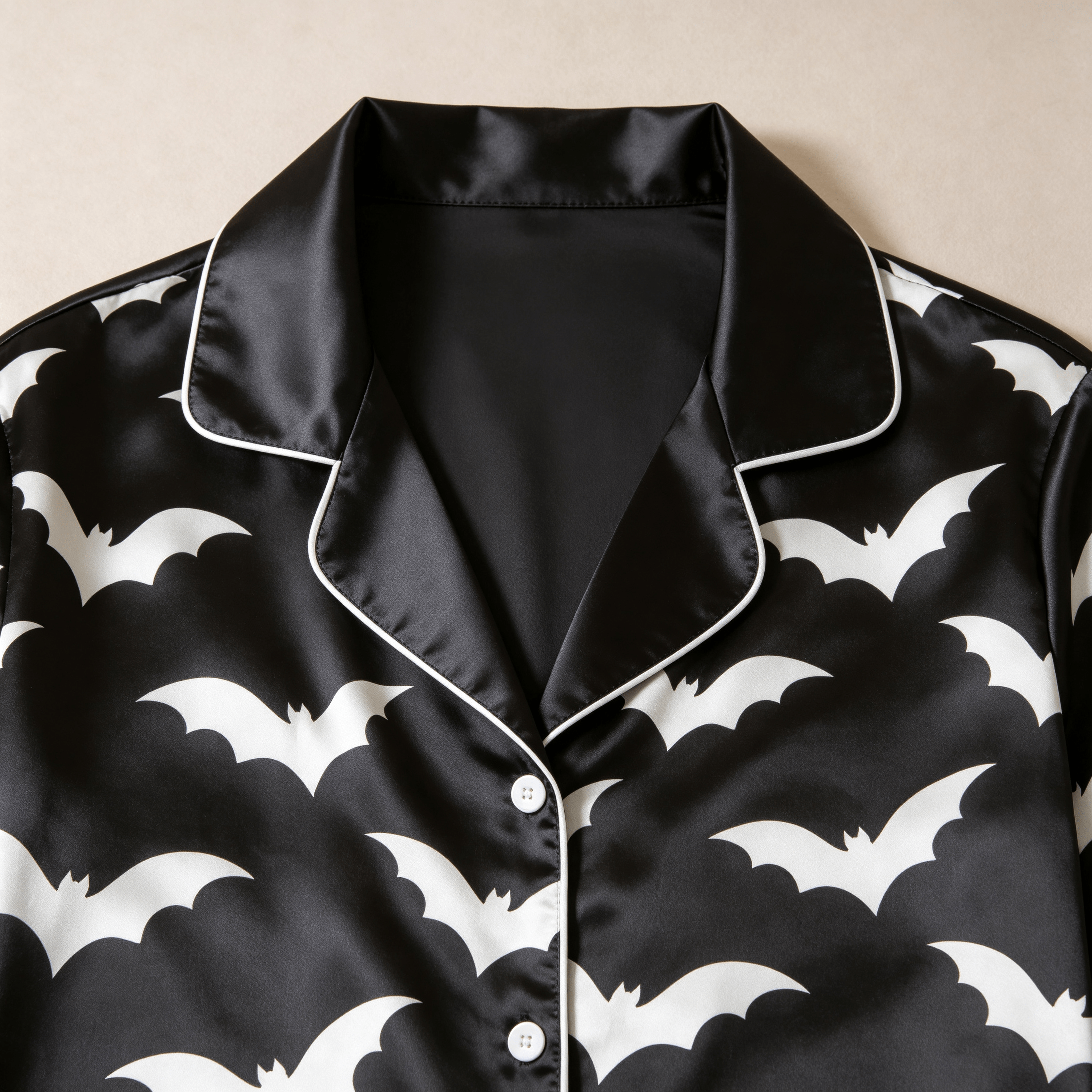 Cream Bat Print Satin Button-Up Family Halloween Pajamas Set