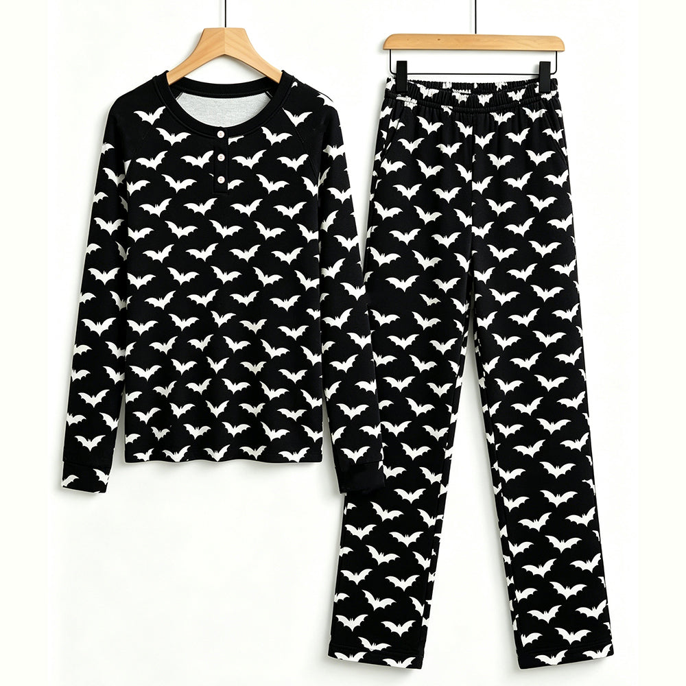 Spooky Halloween White Bat Print Matching Family Pajama Set, Long Sleeve Henley Cotton Loungewear