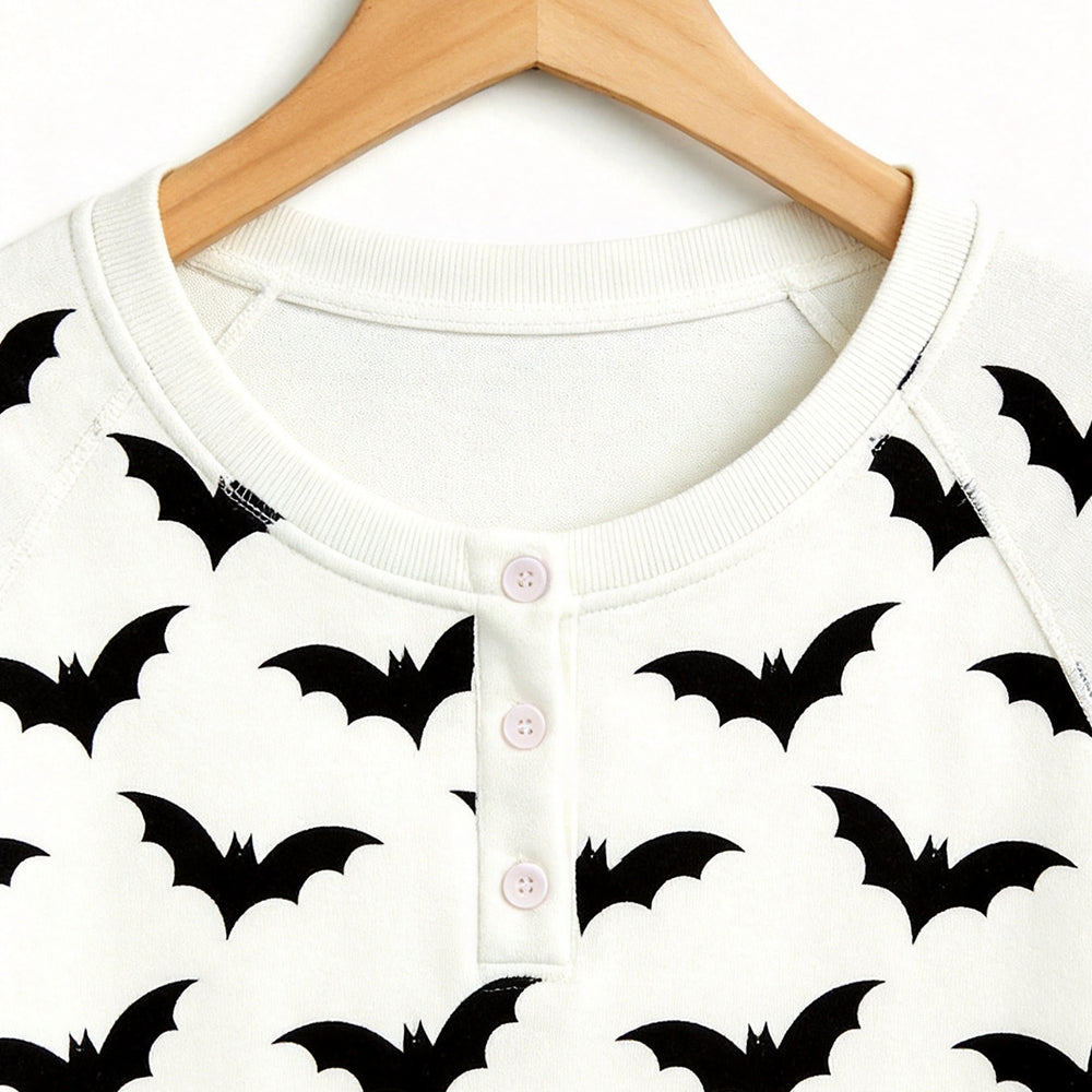 Spooky Halloween Black Bat Print Matching Family Pajama Set, Long Sleeve Henley Cotton Loungewear