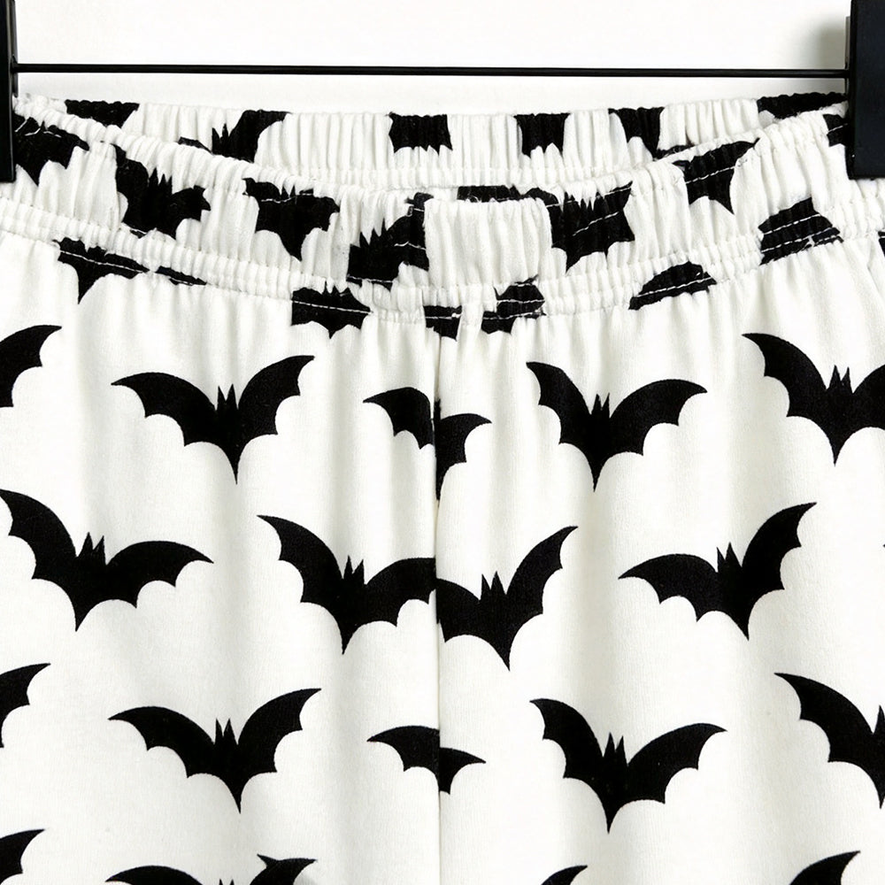 Spooky Halloween Black Bat Print Matching Family Pajama Set, Long Sleeve Henley Cotton Loungewear
