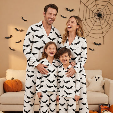 Modern Halloween Black Bat Print Matching Family Pajama Set, Button-Down Cotton Loungewear