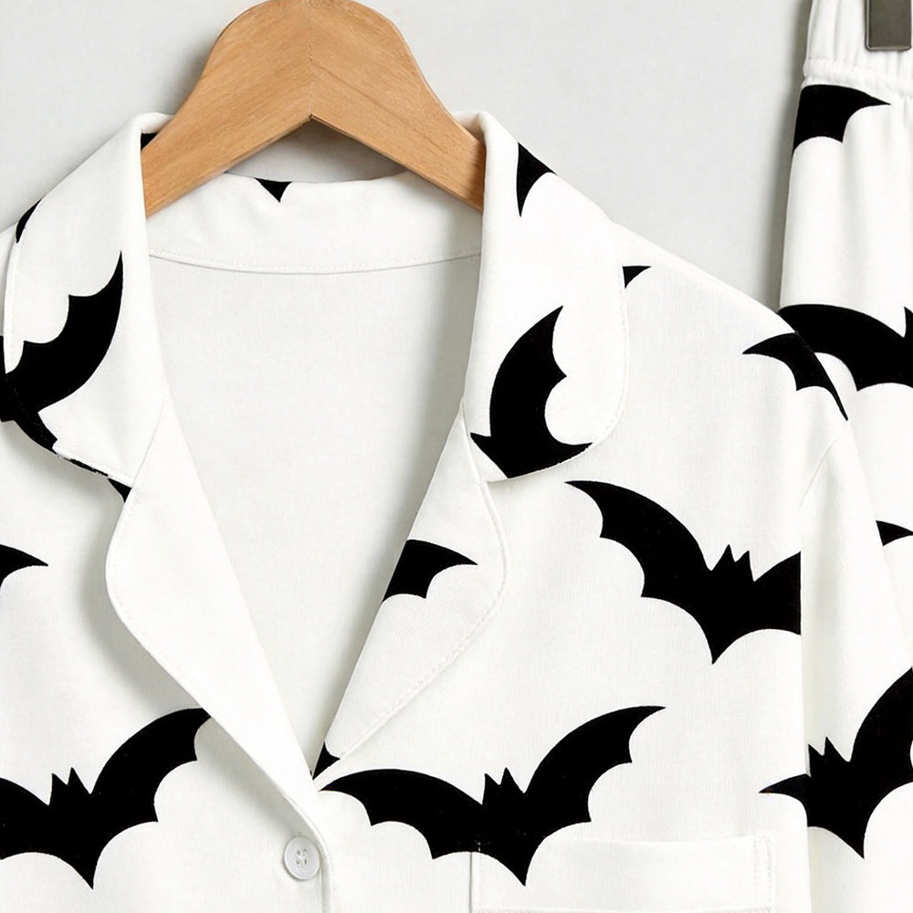 Modern Halloween Black Bat Print Matching Family Pajama Set, Button-Down Cotton Loungewear