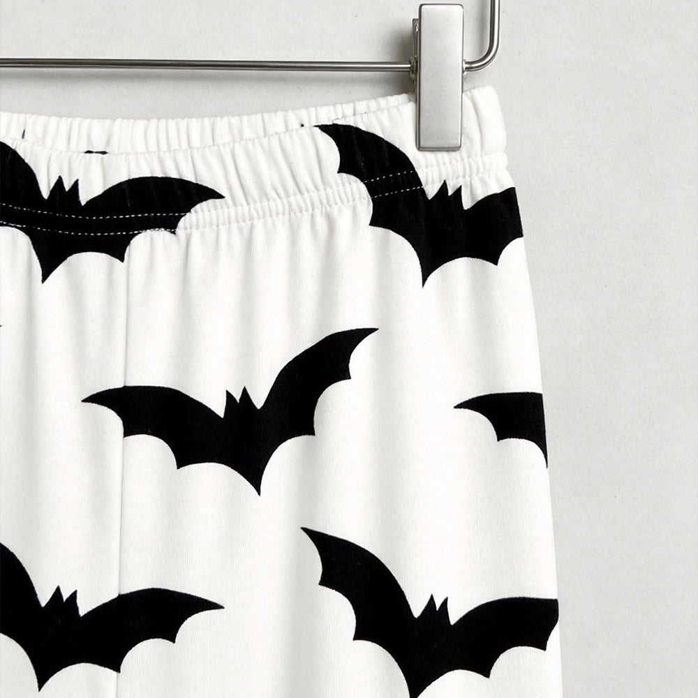 Modern Halloween Black Bat Print Matching Family Pajama Set, Button-Down Cotton Loungewear