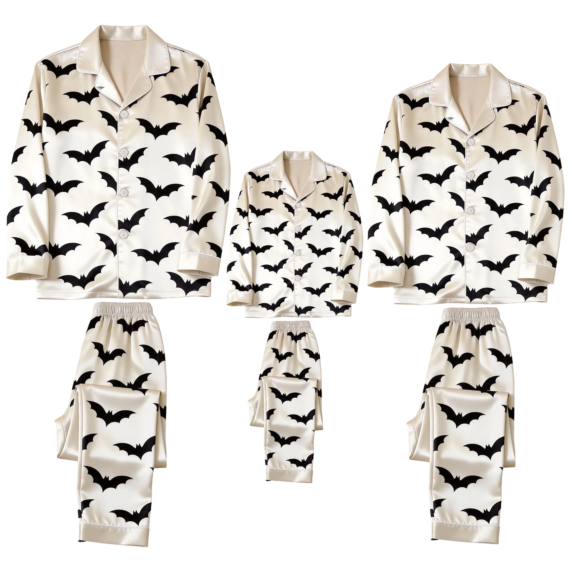 Cream Bat Print Satin Button-Up Family Halloween Pajamas Set