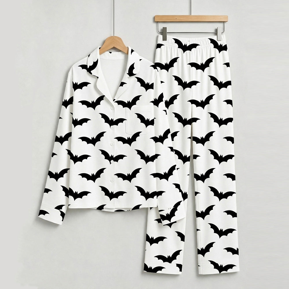 Modern Halloween Black Bat Print Matching Family Pajama Set, Button-Down Cotton Loungewear