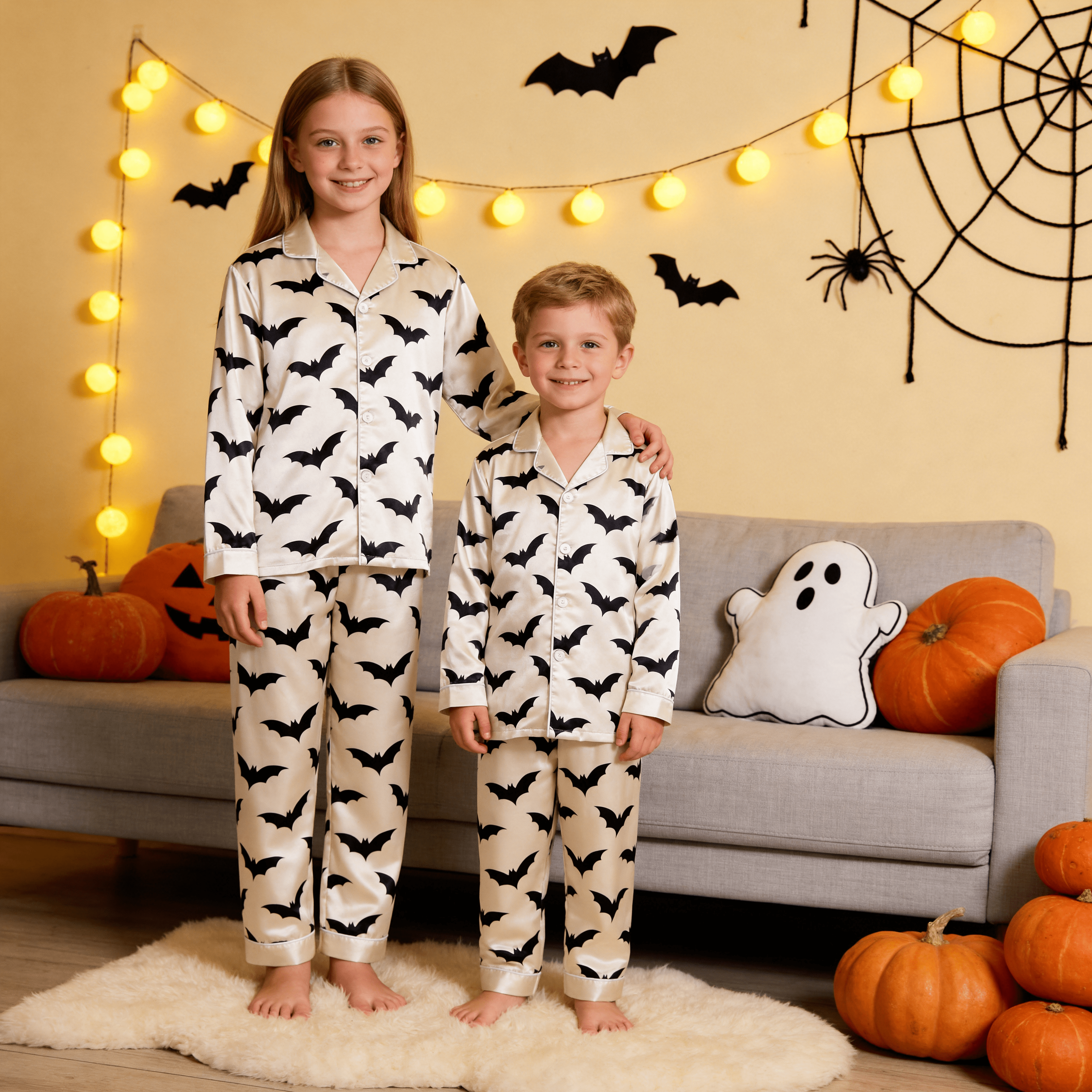 Cream Bat Print Satin Button-Up Family Halloween Pajamas Set