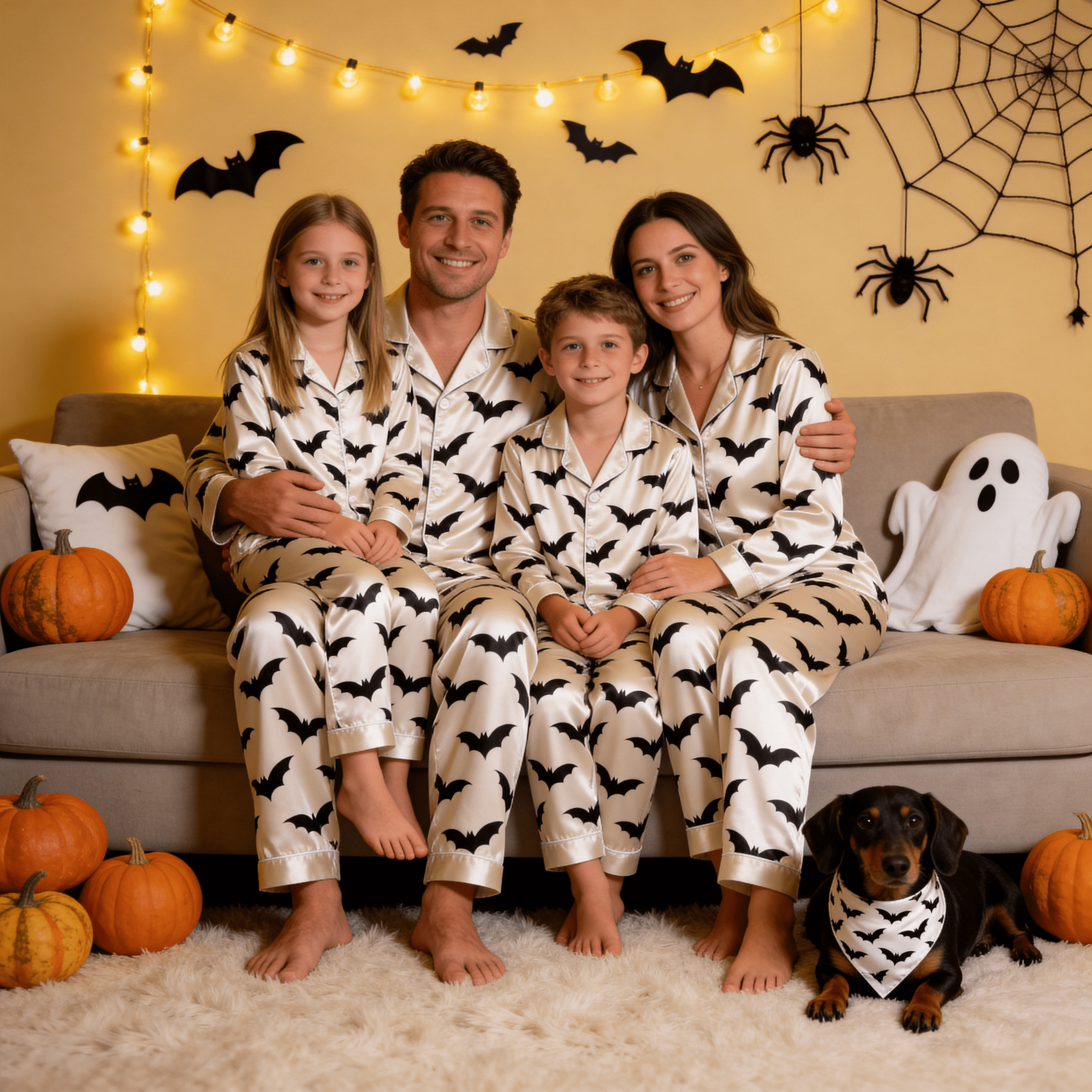 Cream Bat Print Satin Button-Up Family Halloween Pajamas Set
