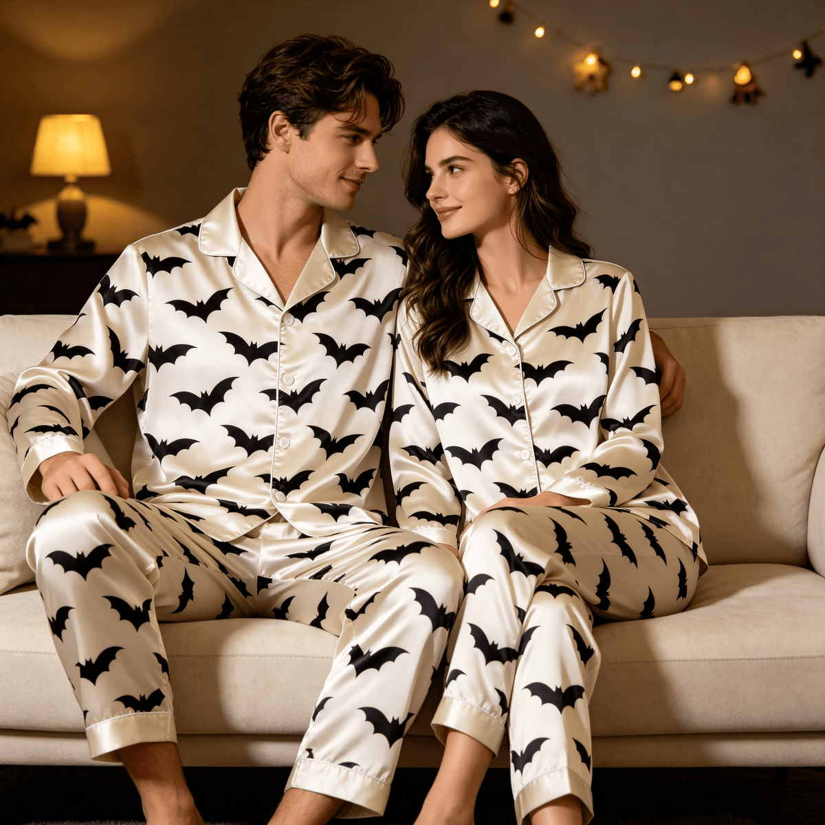 B&W Bat Print Satin Matching Pajamas for Couples – Long Sleeve Button-Down Top & Pants Sleepwear Set