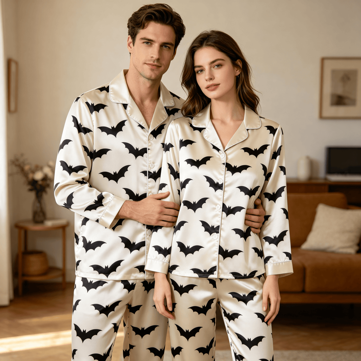 B&W Bat Print Satin Matching Pajamas for Couples – Long Sleeve Button-Down Top & Pants Sleepwear Set