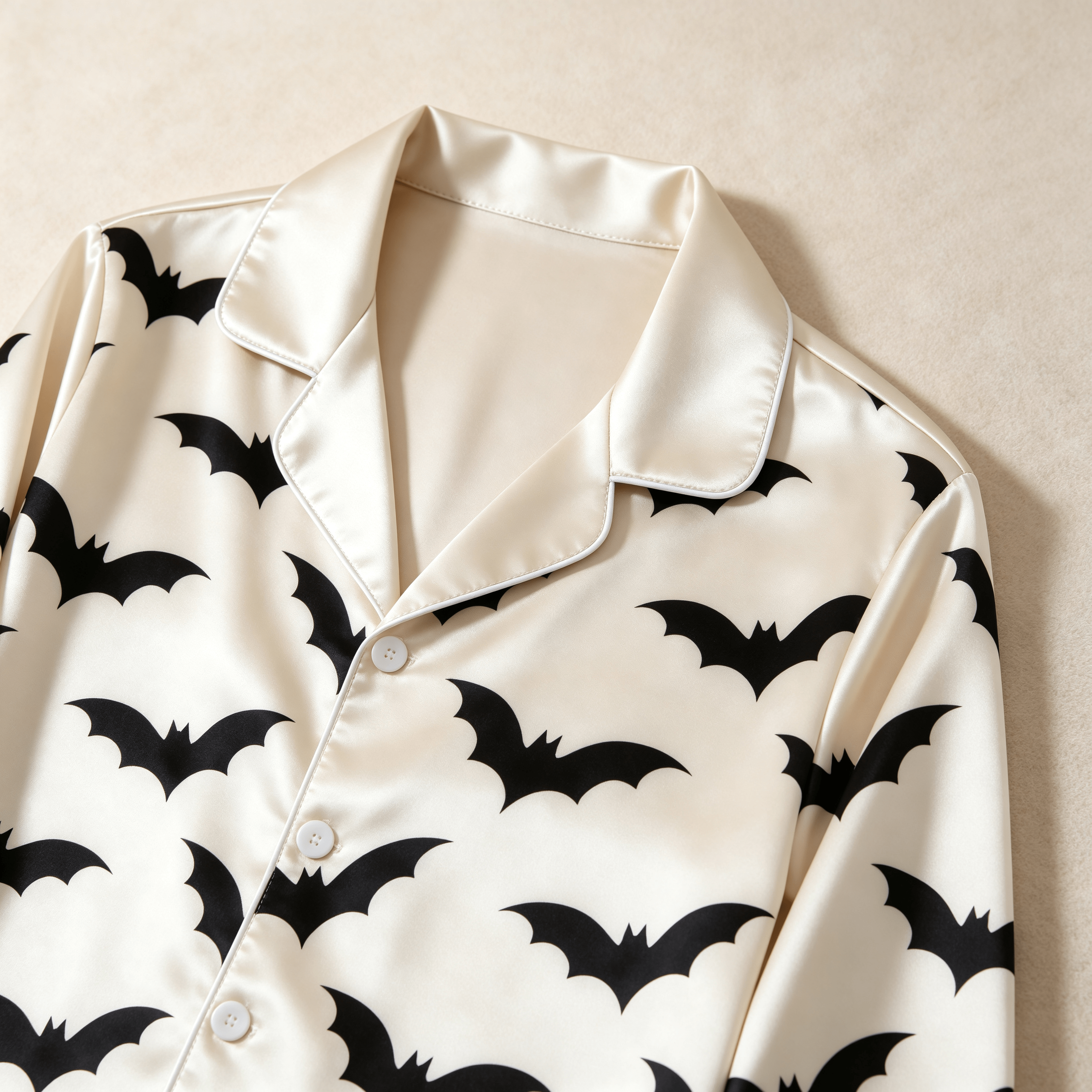 Cream Bat Print Satin Button-Up Family Halloween Pajamas Set
